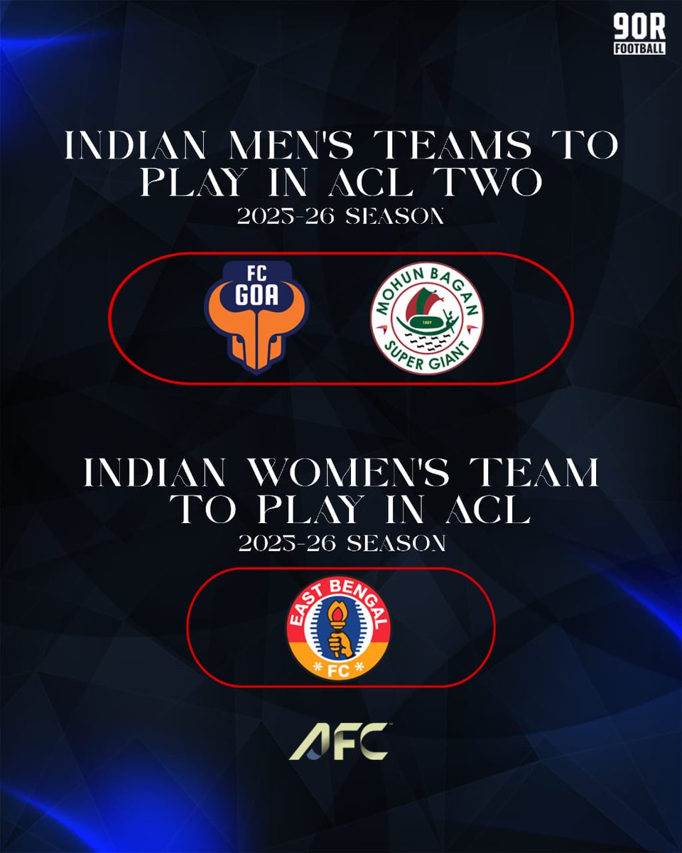90rfootball's tweet photo. Three giants, one mission ๐ช๐ฎ๐ณ
2025-26 ACL Two:
โฝ FC Goa
โฝ Mohun Bagan SG
โฝ East Bengal Women
Time to showcase Indian football at Asiaโs big stage ๐๐ฅ
#MBSG #EBFC #FCG #IndianFootball #football #AFCACL2 https://t.co/8mSQnW6gZs