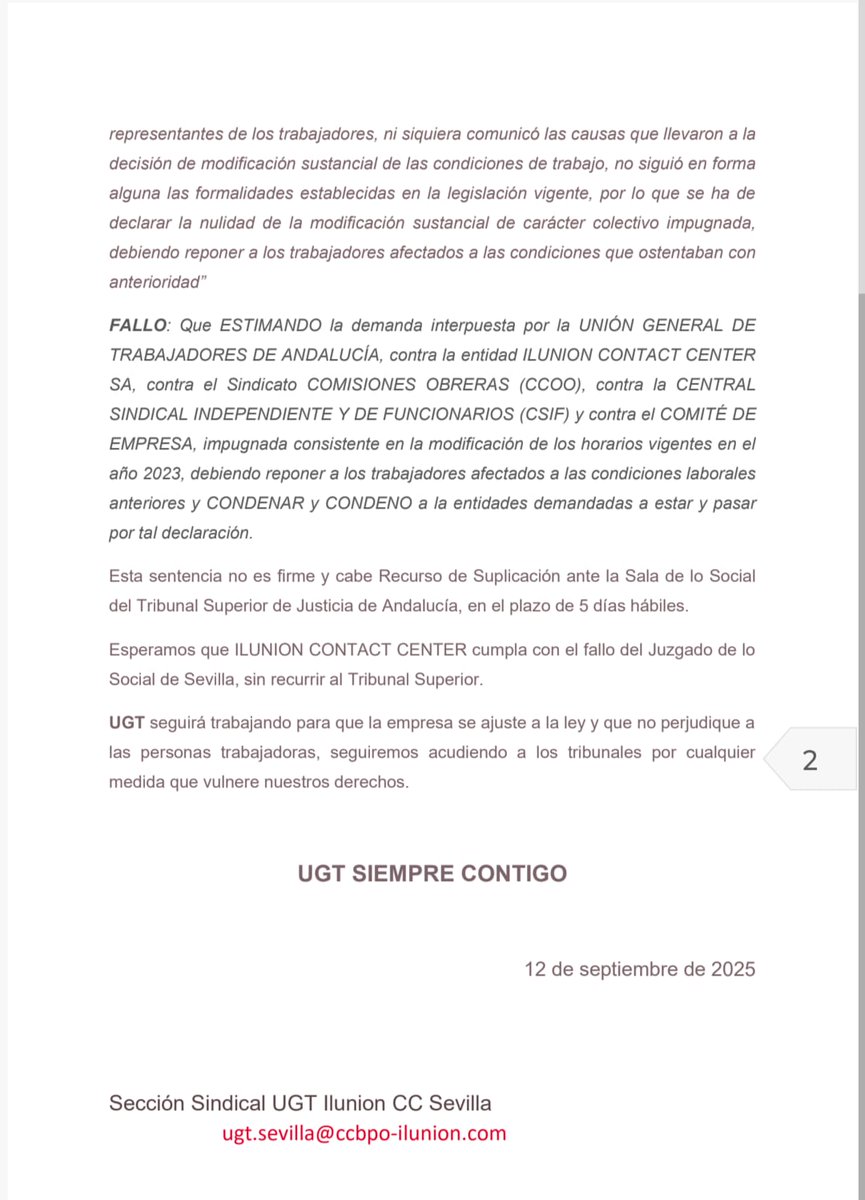 🔴 En #UGT trabajamos por tí, defendiendo tus derechos, contra viento y marea. 

💪🏻 Ganamos juicio de turnos partidos en #Sevilla, en solitario. 

✊🏻 Esto es lo que somos. Esto es lo que hacemos. 

🙌🏻 ¡¡¡Seguimos!!!