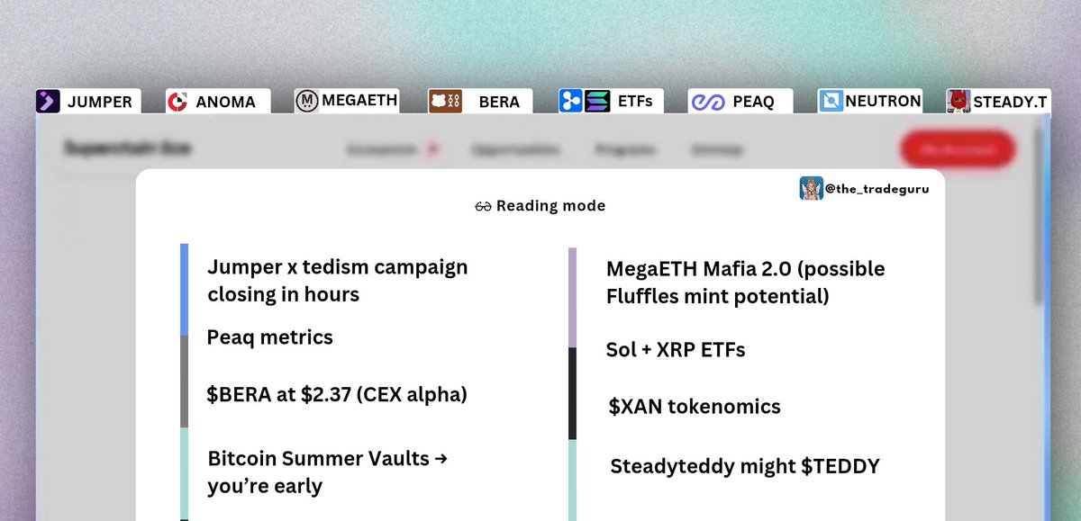 The_Tradeguru's tweet image. Alpha hides in plain sight and only rewards those paying attention.

I&apos;ve curated the best ones you may have missed, what you do with them this weekend is on you.

TLDR:

• Jumper x tedism campaign closing in hours
• MegaETH Mafia 2.0 (possible Fluffles mint potential)
• $BERA…