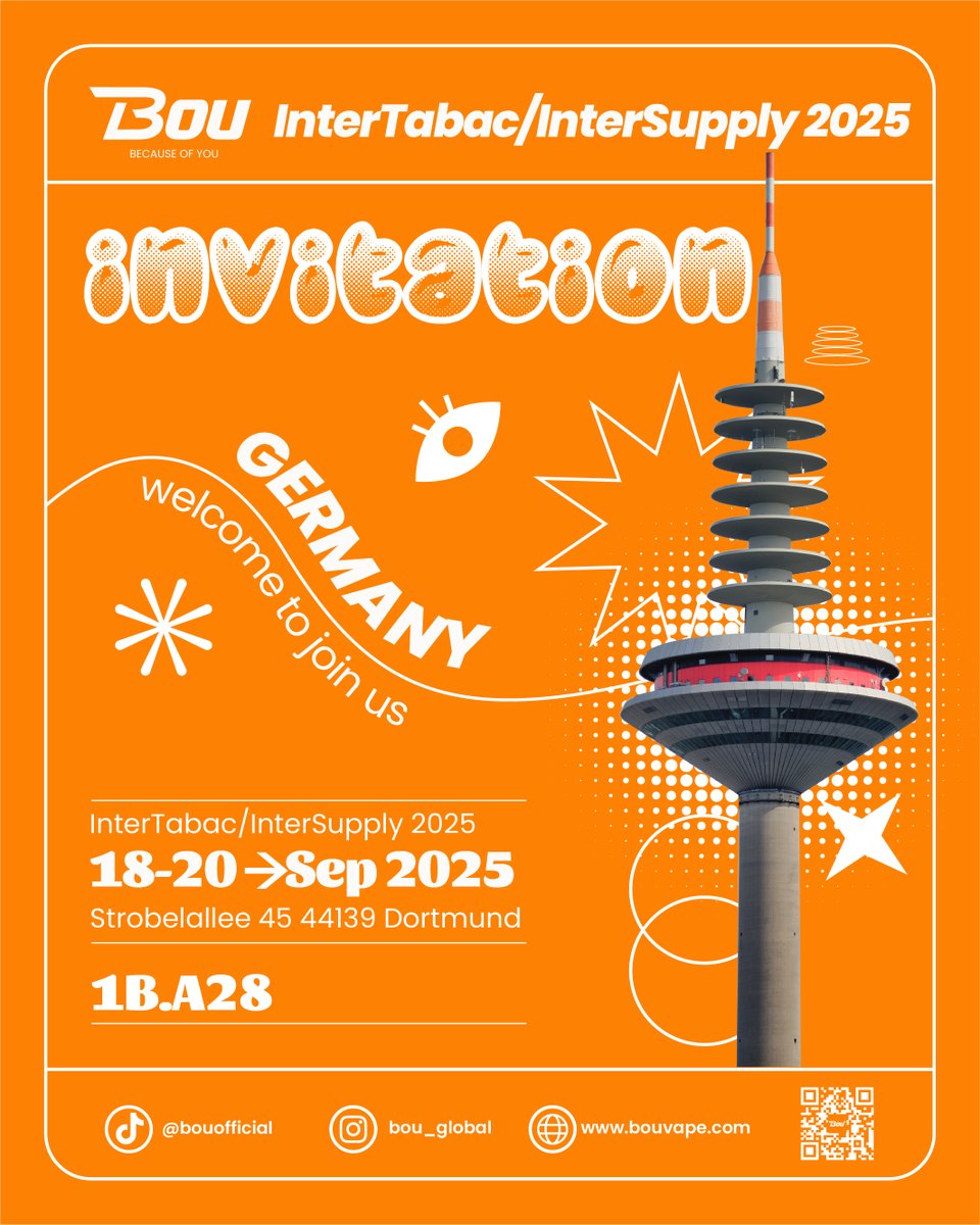 BOU_Global's tweet image. 💥 BOU is on the way to Germany! 💥
Join us at 𝗜𝗻𝘁𝗲𝗿𝗧𝗮𝗯𝗮𝗰/𝗜𝗻𝘁𝗲𝗿𝗦𝘂𝗽𝗽𝗹𝘆 𝟮𝟬𝟮𝟱 in Dortmund 🎉
📍 Booth: 𝟭𝗕.𝗔𝟮𝟴 | 📅 Sept 18–20

Experience the vibe, share the energy ⚡️🌍

#BOU #InterTabac2025 #GlobalMeetup #Innovation #Dortmund #Exhibition