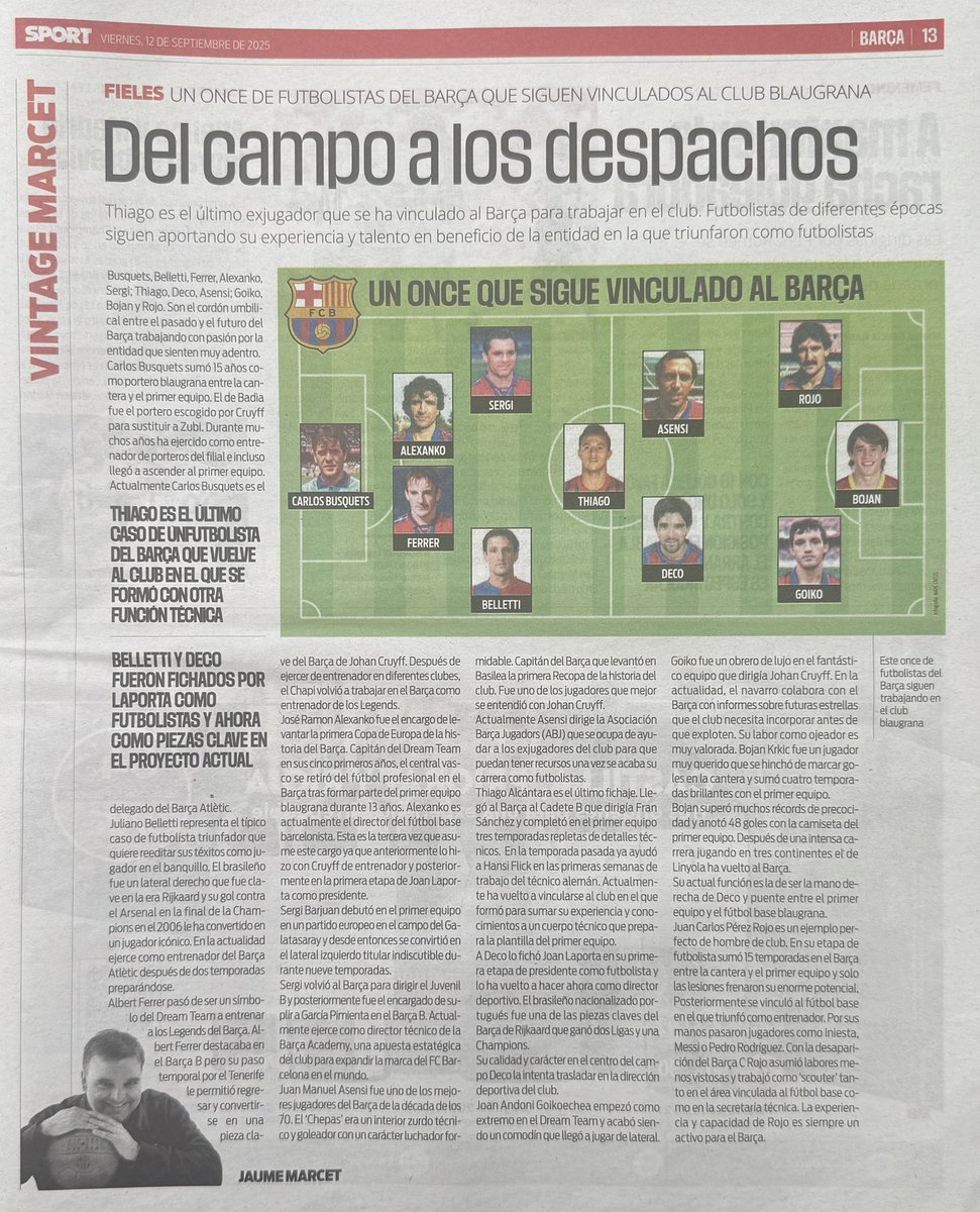 -Del campo a los despachos-, es el título del report de <a href="/jaumemarcet/">Jaume Marcet</a> donde habla de los técnicos actuales y que anteriormente, fueron destacados jugadores del <a href="/FCBarcelona_cat/">FC Barcelona</a>. Deco, Bojan, Rojo, Belletti, Alexanco o Asensi son algunos ejemplos. Lo puedes leer en <a href="/sport/">Diario SPORT</a>.