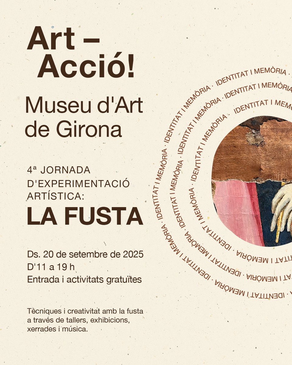 🪵 Amb nervis? Nosaltres també! I és que dissabte 20 torna Art-Acció al md’A!!

✨ Aquesta edició, plenes d'activitats dedicades a la FUSTA

📅20/09/25
⏰ 11-19 h
📍 Museu d'Art de Girona

👉 Programa d'activitats: museuart.cat/art-accio-4a-j…