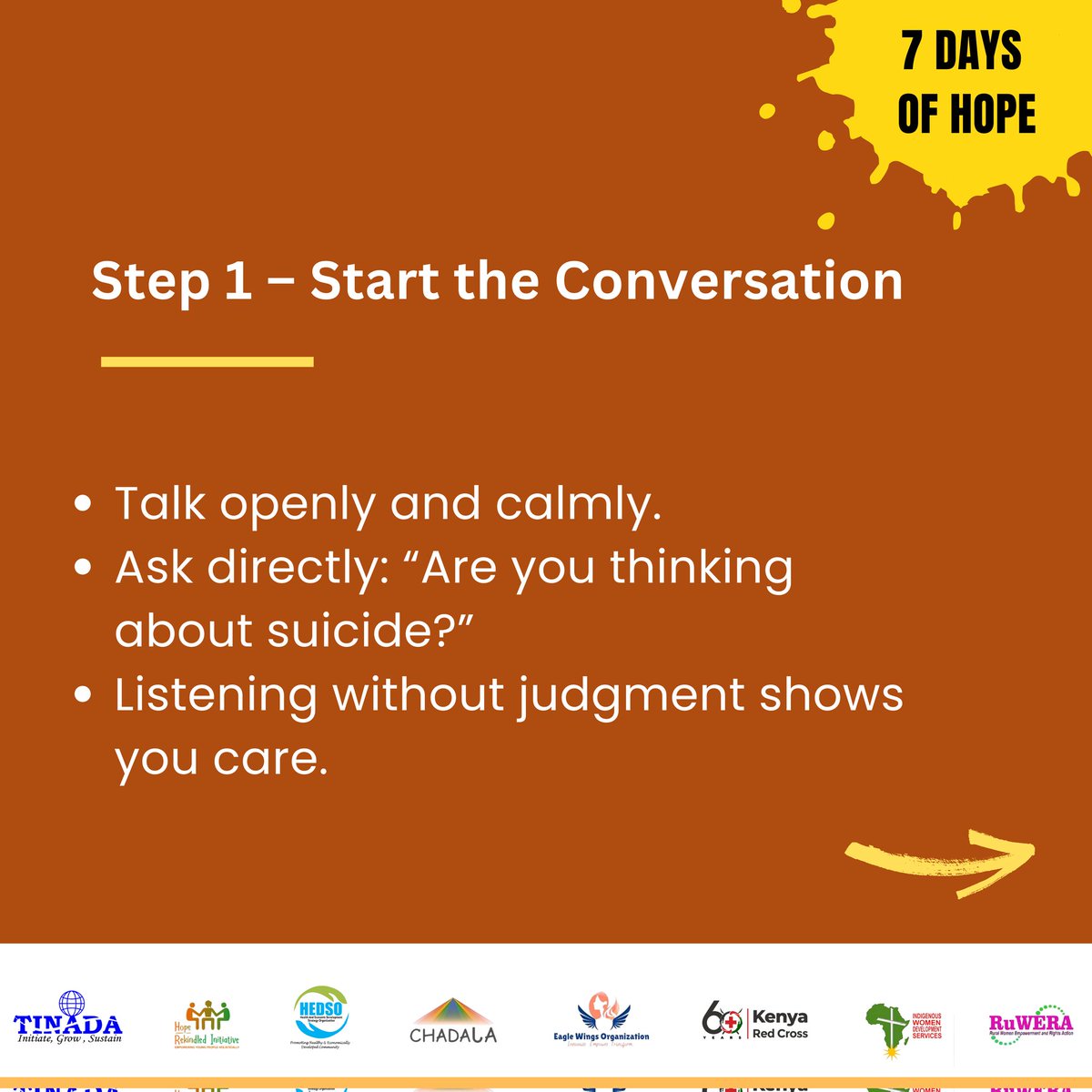 TinadaOrg's tweet photo. Here are the steps to take when you identify a suicide risk.
#suicideprevention #7DaysofHope https://t.co/oYP9x2ch1t