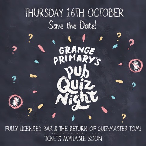 Bring your brainpower &amp; plenty of smiles! 😃💡
Join us for Grange Primary’s Pub Quiz Night
📅 Thurs 16th Oct | 🎤 Hosted by Quiz-Master Tom
A great evening for parents, friends &amp; our school community.
Tickets coming soon!