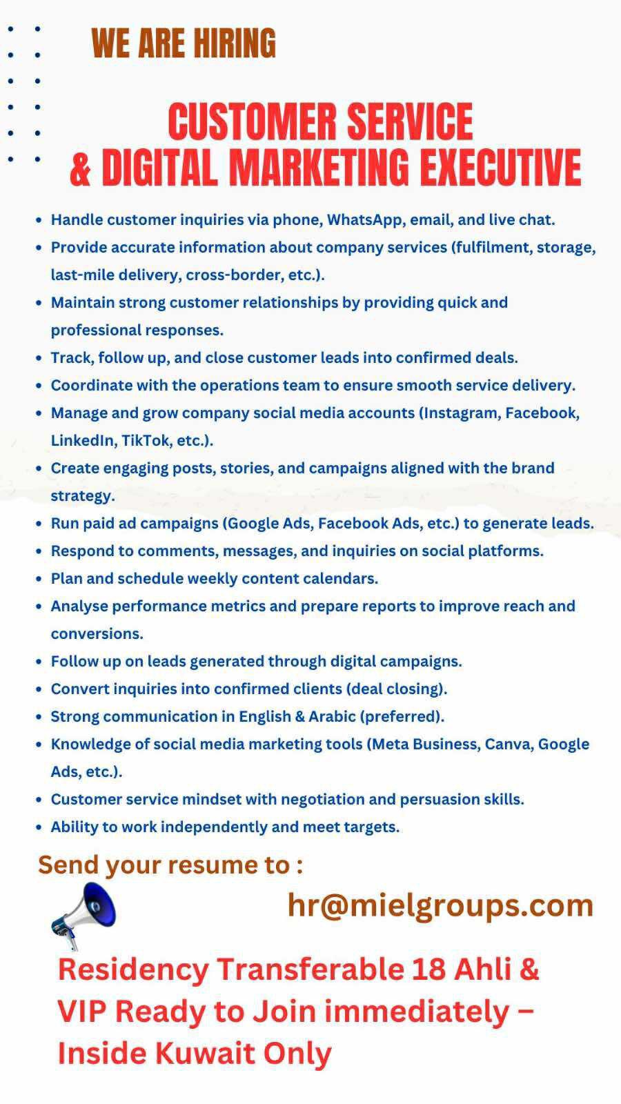 Kuwait openings now - Store Manager, Assistant Manager, Department Manager, Senior Sales Executives, Sales Executives