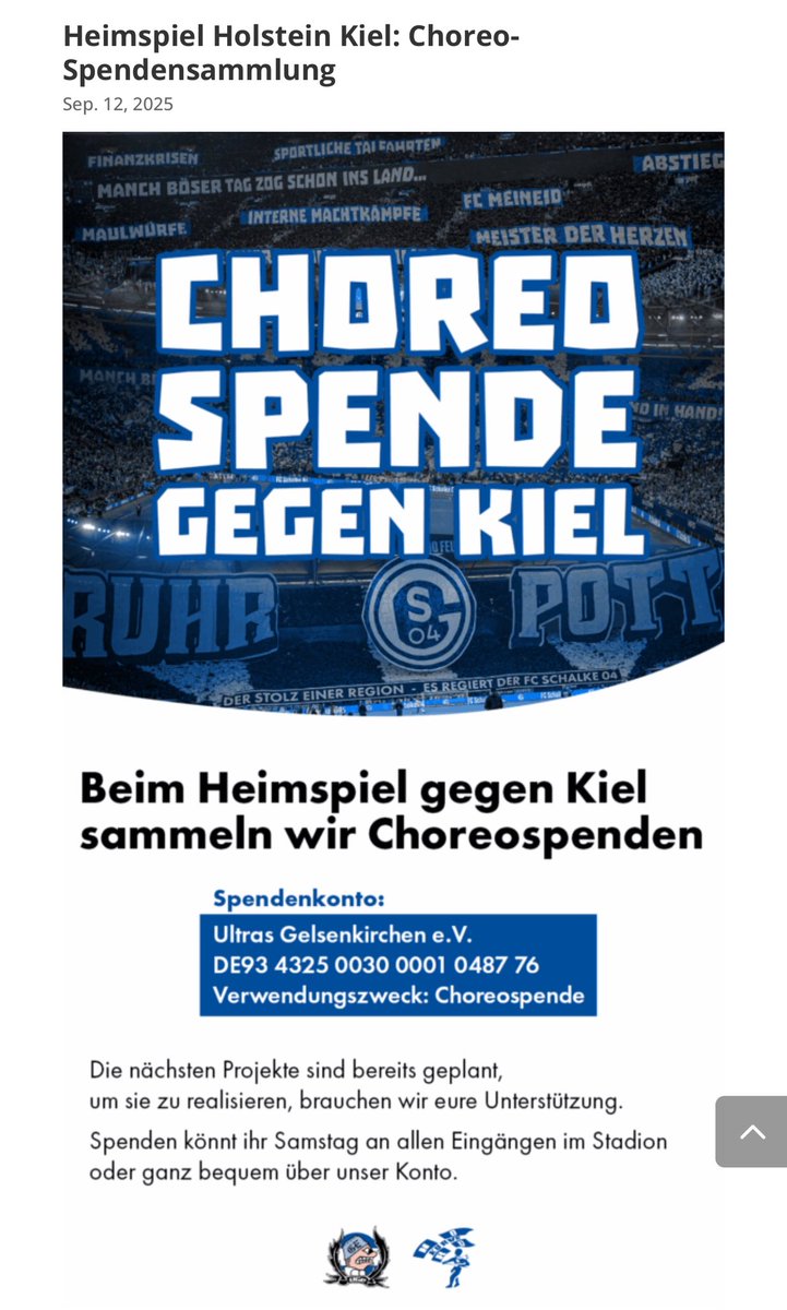 Die UGE macht noch einmal einen Spendenaufruf und nimmt morgen bei unserem Heimspiel gegen Kiel Spendengelder an allen Eingängen entgegen. 

Bitte nutzt diesen Aufruf und unterstützt sie, wenn ihr könnt. Die Choreos sind echt sehr zeitaufwendig und kostspielig 🙏💙

#S04
