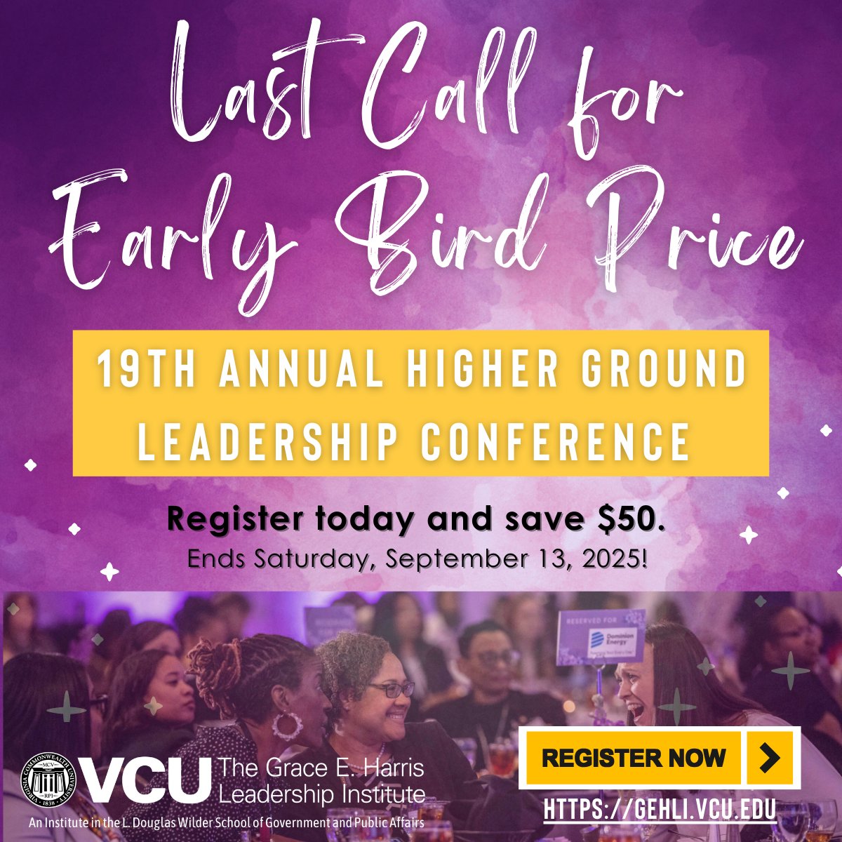 ⏰ Last Day for Early Bird! ⏰
Join us Nov 7 at the 19th Annual HIGHER Ground Leadership Conference.
 
This is your chance to reconnect, refresh networks &amp; come back together for a powerful half-day of learning &amp; inspiration.

🎟 $250 ends tonight!
🔗 gehli.vcu.edu/higher-ground-…