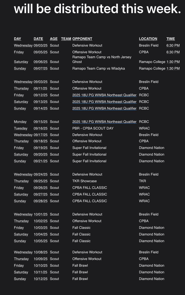 michaelpet2027's tweet photo. 2025 fall ball schedule with Complete Performance 18u 
DM for more info #uncommited https://t.co/IEUtJHD55G
