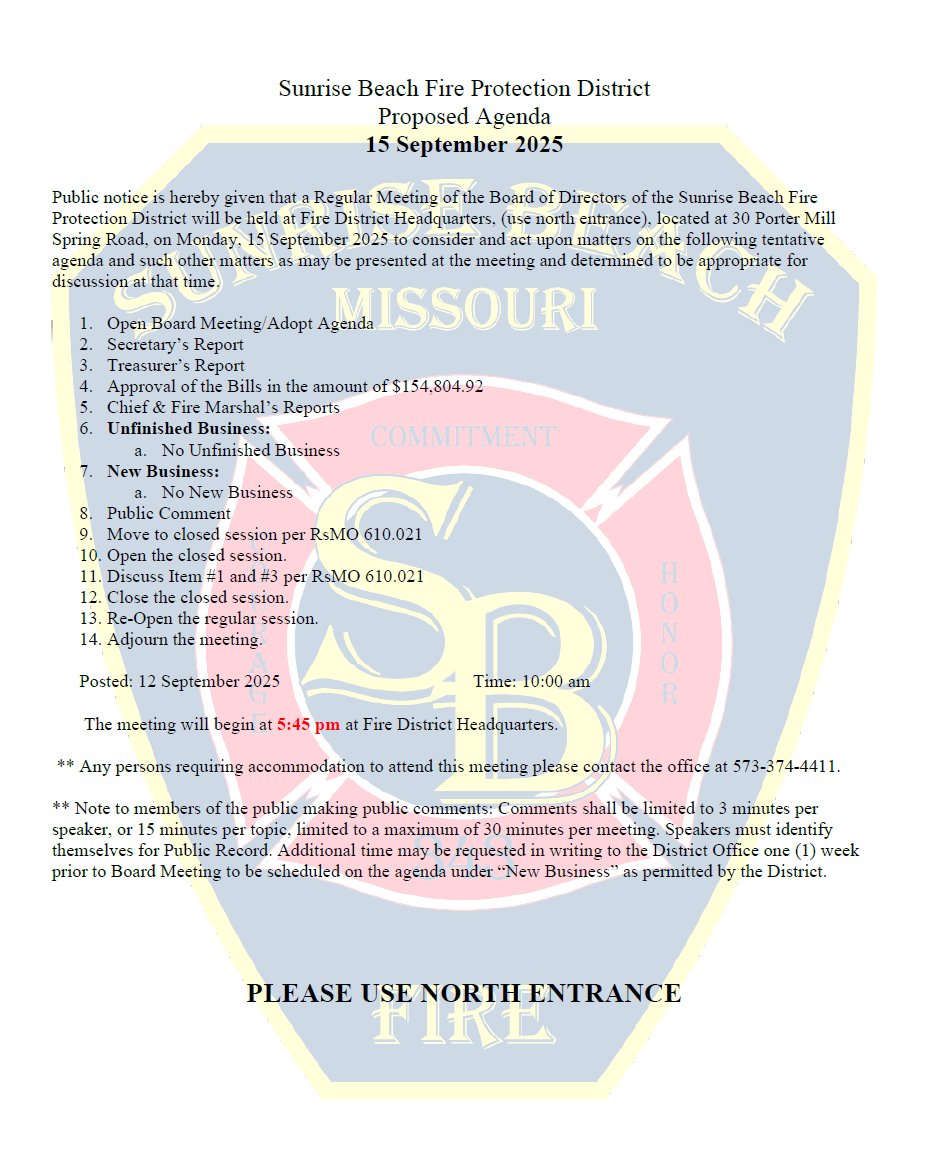 SBFPD's tweet image. Here is the agenda for Monday night's Board Meeting. Have a safe weekend and watch for motorcycles!