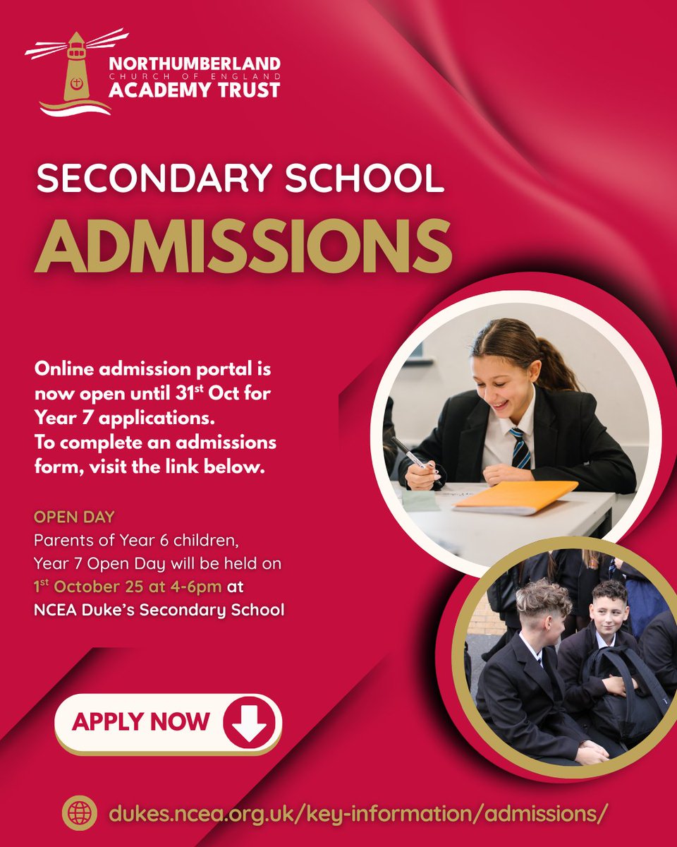 Year 6 Parents,

Online portal for admission into Year 7 has now opened! Visit <a href="/N_landCouncil/">Northumberland County Council</a> website to submit your child's application today - or visit the Duke's Open Day to learn more about our transition process.
#Year7 #admissions #secondaryschool #primarytransition