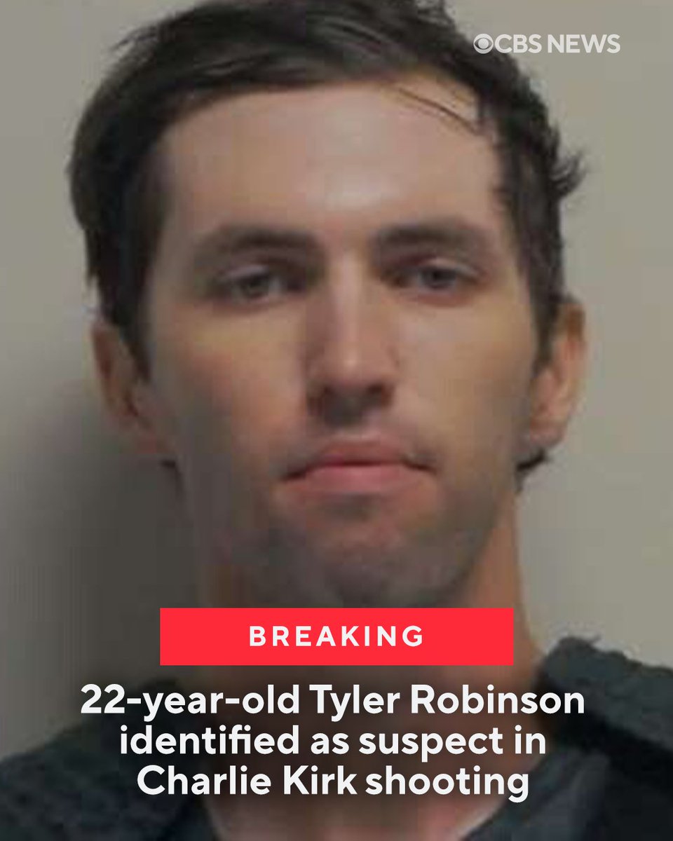 CBSNews's tweet image. Utah resident Tyler Robinson, 22, was identified as the suspect authorities have in custody for the fatal shooting of conservative activist Charlie Kirk.
Utah Gov. Spencer Cox said Robinson's family and one of his friends helped turn him in. cbsnews.com/live-updates/c…