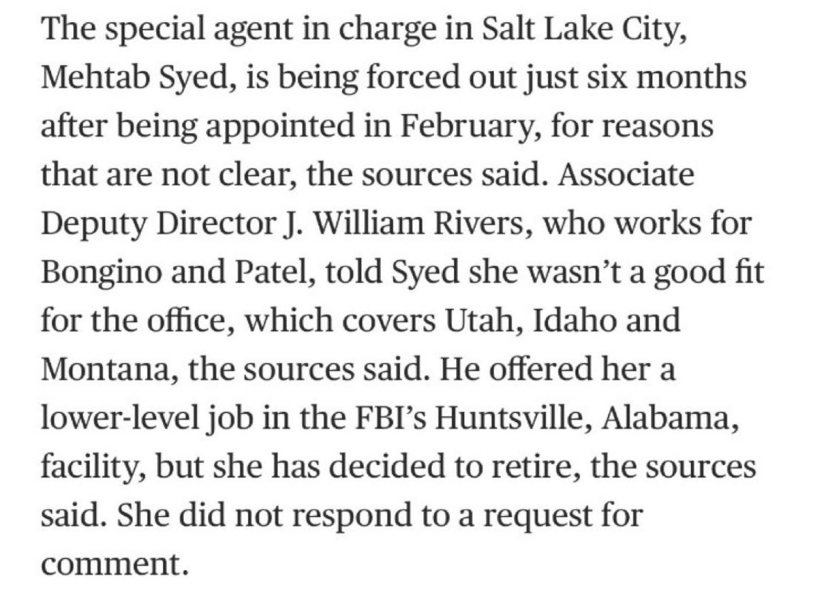 Did you know that FBI Director Kash Patel fired the special agent in charge of the FBI Utah field office in February for “reasons unclear.”

She had 20 years experience in counterintelligence and counterterrorism.
