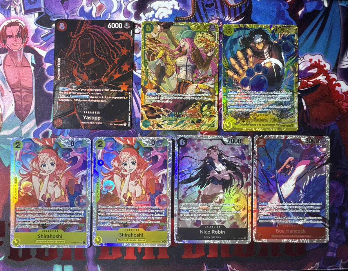 Hits from 12 sleeved packs lastnight 👀

I’ve pulled Yasopp 2x, Bonney 3x and Kuma 2x… not complaining.