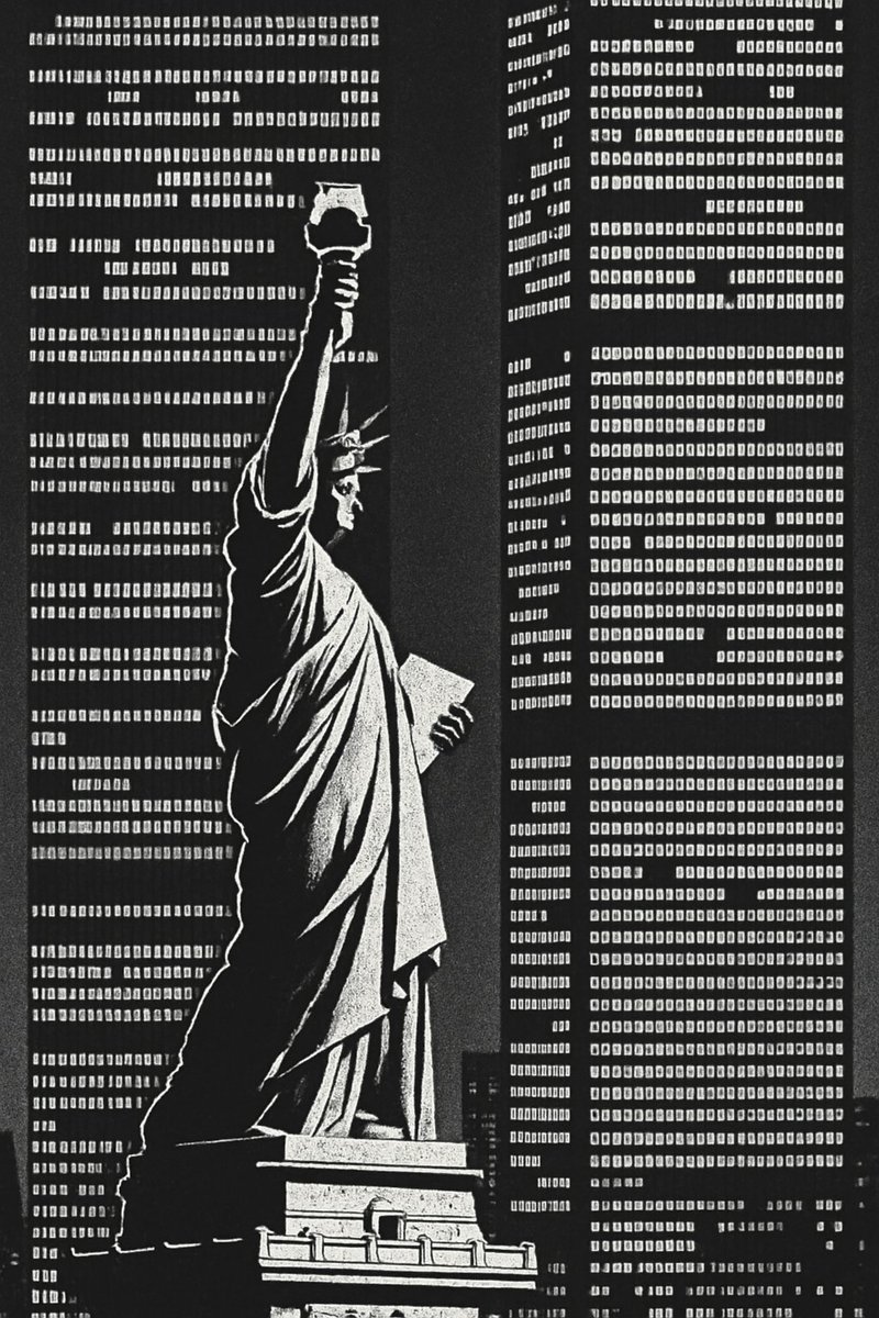 Copper and Steel
What she was accustomed to seeing, off to her left, were those two tall, boxy buildings rising into the sky. She was curves and folds and a crown; they were straight lines. She glowed at them; they shimmered and winked back. One night in September 2001, after a