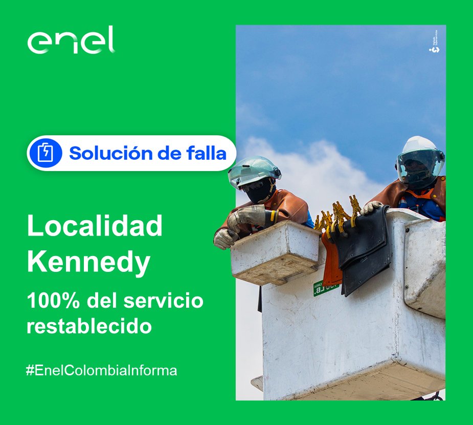 EnelClientesCO's tweet image. #LocalidadKennedy el servicio quedó restablecido al 100%  👨‍🔧⚡

Los barrios que presentaban fallas:
#MaríaPaz y #Corabastos
