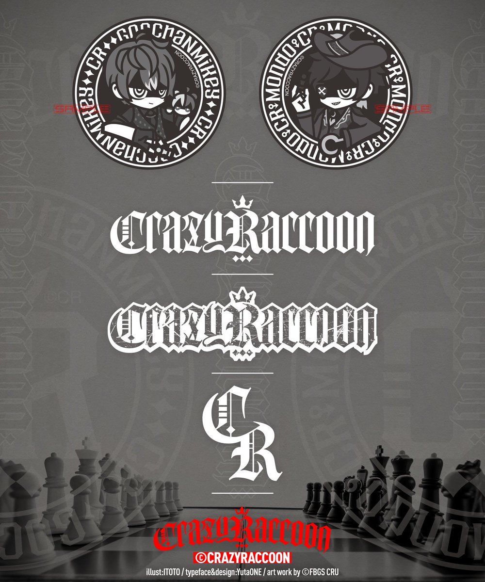 yuta_ptv's tweet photo. 【お知らせ】
CrazyRaccoonの企画
#CR_xxday #黒の日 にて。
「Mondoさん」と「ごっちゃん@マイキーさん」のイラストを使用したデザイン、及びチェスをモチーフにした特別な「ブラックレターCRロゴ」をデザインしました。
ーーー
art work by ©︎FBGS CRU
typeface&amp;design:ゆうたONE
illust:いとと https://t.co/akztvywmkg