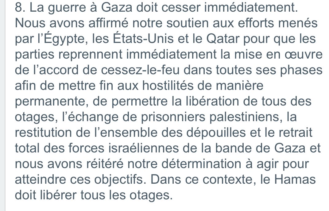 La France exige la libération de prisonniers palestiniens en échange de la libération des otages israéliens.
Oui oui vous avez bien lu.
Pas le Hamas, la France !!!
C’est un truc de fou.
(Regardez, d’ailleurs, comme les mots « l’échange de prisonniers palestiniens », semblent