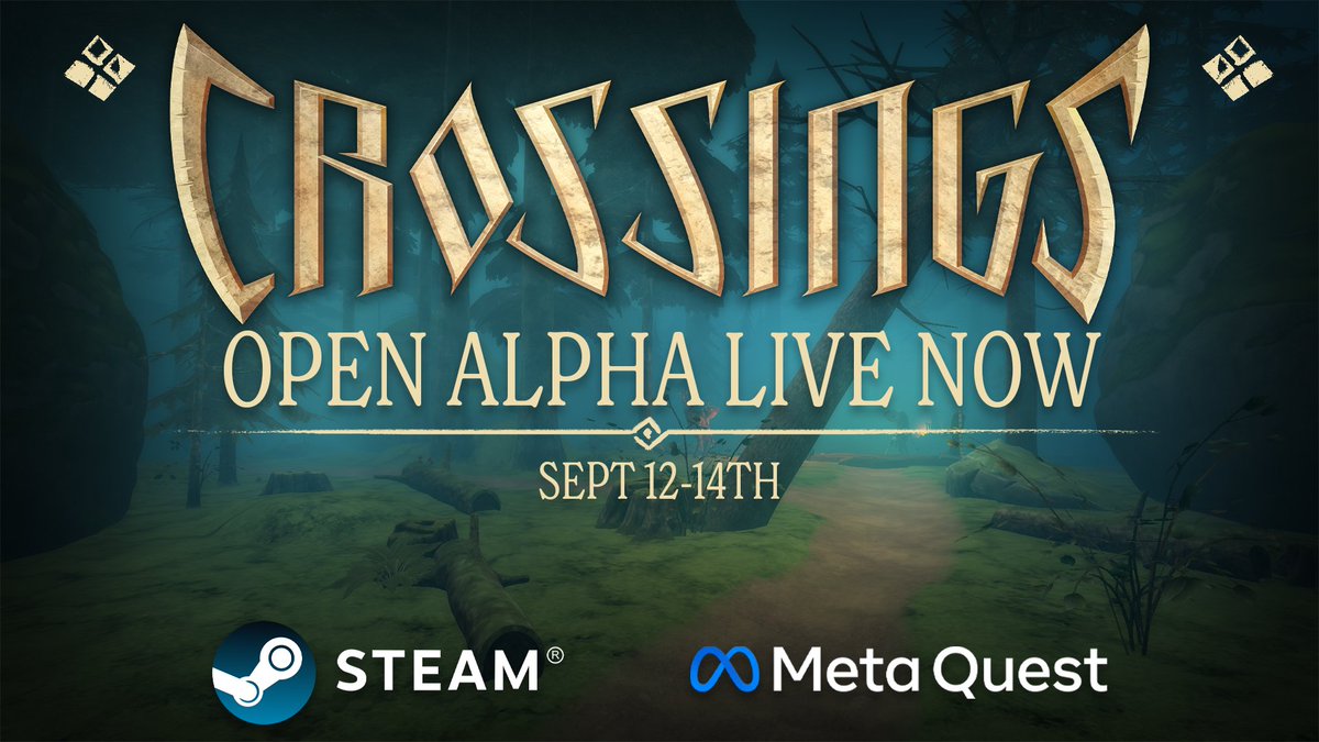 Crossings Open Alpha is live now!

To access it on Steam, request access through the Crossings storepage: store.steampowered.com/app/2782960/Cr…

To access it on Meta, click this link: meta.com/s/1NQ5Dl40UN

Runs all weekend: Friday Sept 12 – Sunday Sept 14!