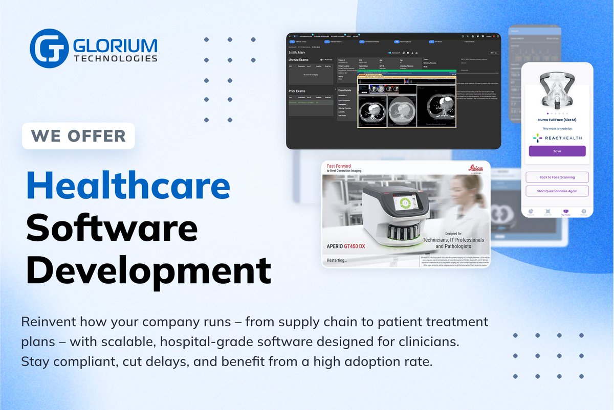 Glorium Technologies (@glorium_tech) on Twitter photo 🚑 Healthcare is evolving — and technology is leading the way.
From hospitals and nursing homes to research centers and wellness clinics, providers need software that truly supports patient care and scales with their mission.
At Glorium Technologies, we build custom healthcare 🚑 Healthcare is evolving — and technology is leading the way.
From hospitals and nursing homes to research centers and wellness clinics, providers need software that truly supports patient care and scales with their mission.
At Glorium Technologies, we build custom healthcare