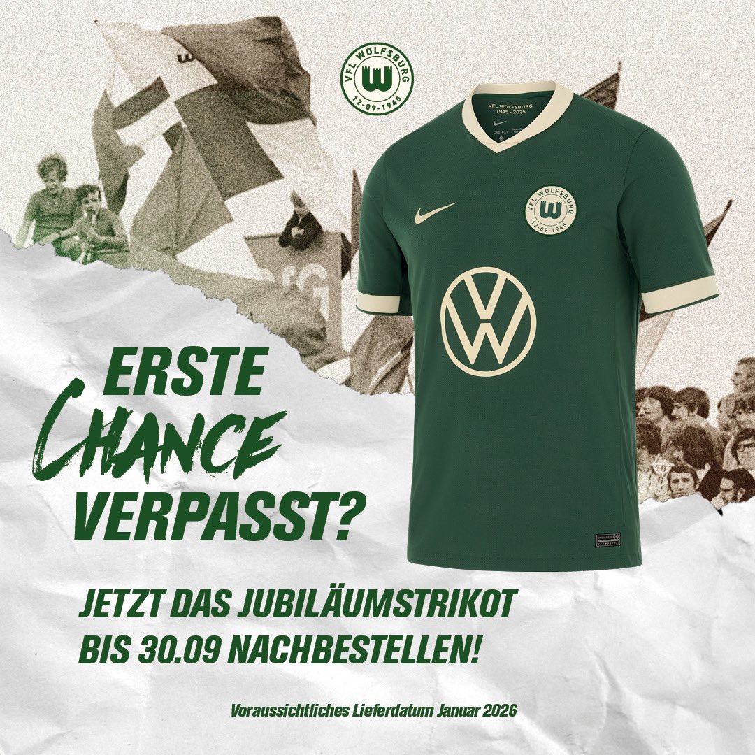 VfL Wolfsburg (@vfl_wolfsburg) on Twitter photo Das ging schnell! Das Jubiläumstrikot des VfL Wolfsburg zum 80. Geburtstag war online in kürzester Zeit ausverkauft – und auch im Fanshop an der Volkswagen Arena sind nur noch wenige Restgrößen verfügbar. Damit alle Fans, die beim Verkaufsstart leer ausgegangen sind, noch eine Das ging schnell! Das Jubiläumstrikot des VfL Wolfsburg zum 80. Geburtstag war online in kürzester Zeit ausverkauft – und auch im Fanshop an der Volkswagen Arena sind nur noch wenige Restgrößen verfügbar. Damit alle Fans, die beim Verkaufsstart leer ausgegangen sind, noch eine