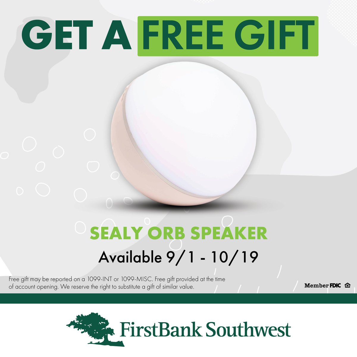 Your banking deserves a soundtrack. 🎵

When you open a checking account or refer a friend to open one, you’ll take home a ✨ FREE Sealy Orb Speaker✨ Consider it a little bonus for banking smarter! 

Learn more: loom.ly/a7ZGuB0

Faith. Family. Bank. 💚
#MemberFDIC