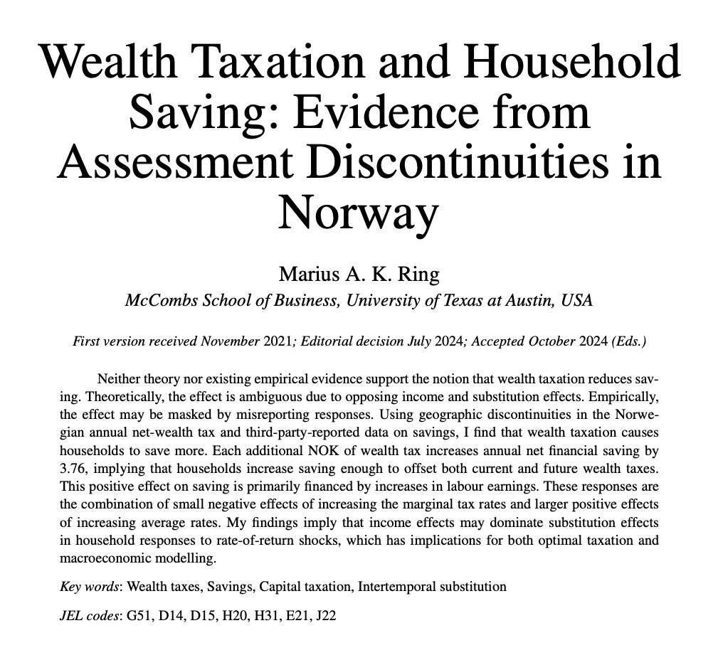 Yale Department of Economics (@yaleeconomics) on Twitter photo "Using geographic discontinuities in the Norwegian annual net-wealth tax and third-party-reported data on savings, I find that wealth taxation causes households to save more."
NEW in <a href="/RevEconStudies/">The Review of Economic Studies</a> by Marius A. K. Ring (<a href="/mariusring/">Marius Ring</a>): academic.oup.com/restud/article… "Using geographic discontinuities in the Norwegian annual net-wealth tax and third-party-reported data on savings, I find that wealth taxation causes households to save more."
NEW in <a href="/RevEconStudies/">The Review of Economic Studies</a> by Marius A. K. Ring (<a href="/mariusring/">Marius Ring</a>): academic.oup.com/restud/article…