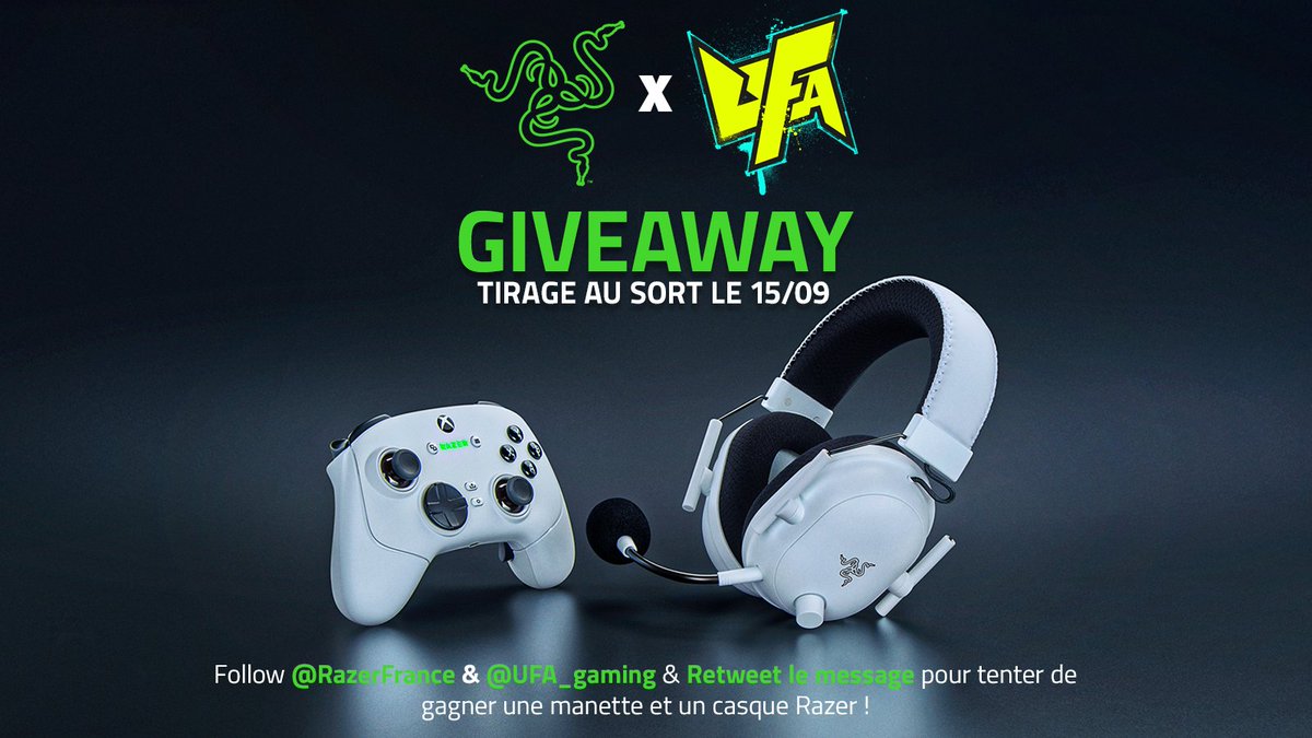 R Λ Z Ξ R 🇫🇷 (@razerfrance) on Twitter photo À l’occasion de l’#UFA2025, petit giveaway pour gagner un casque console et une manette Razer !
Il suffit de :
✅Follow <a href="/UFA_Gaming/">Ultimate Fighting Arena</a> & <a href="/RazerFrance/">R Λ Z Ξ R 🇫🇷</a>
✅Retweet ce message
✅Écrire en réponse votre plateforme
Tirage au sort le 15/09 à 17h ! Bonne chance et bon week-end ! 👊 À l’occasion de l’#UFA2025, petit giveaway pour gagner un casque console et une manette Razer !
Il suffit de :
✅Follow <a href="/UFA_Gaming/">Ultimate Fighting Arena</a> & <a href="/RazerFrance/">R Λ Z Ξ R 🇫🇷</a>
✅Retweet ce message
✅Écrire en réponse votre plateforme
Tirage au sort le 15/09 à 17h ! Bonne chance et bon week-end ! 👊