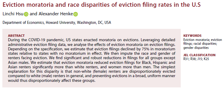 Henkenomics's tweet photo. I'm happy to report that @EconHsu and I just published a new article at Applied Economics. We find that eviction moratoria reduced eviction filings disproportionately for Black and female renters, likely because they were at higher risk of eviction with no moratorium. https://t.co/jBddGA8R9l