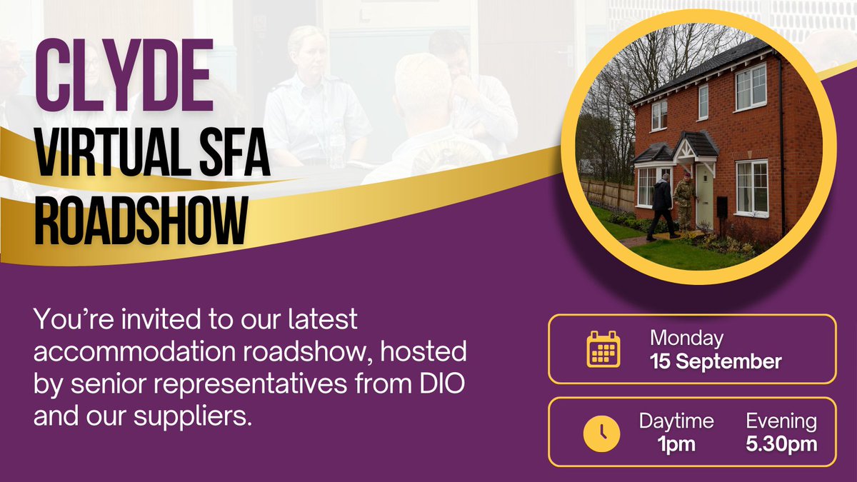 We'll be holding our first virtual SFA Roadshow for families at Clyde next week and we want to hear from you! 

Representatives from DIO, <a href="/PinnacleSF/">Pinnacle Service Families</a> and <a href="/AmeyLtd/">Amey</a> will be around to answer questions and update you on improvements we're making. 

Sign up: defencehomes.mod.gov.uk/events/
