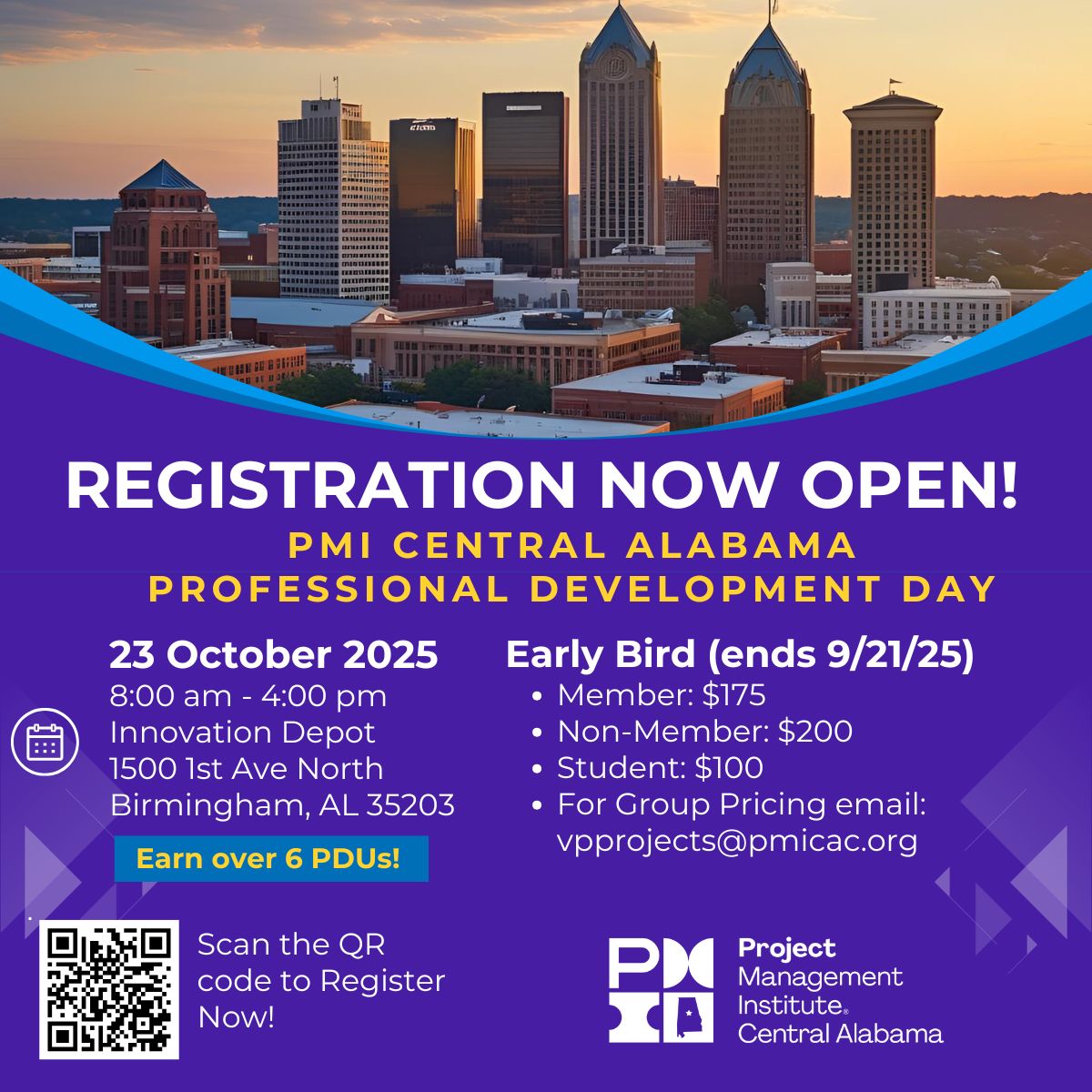 REGISTRATION OPEN 📷
PMICAC PDD • 23 Oct • 8–4 • Innovation Depot (BHM)
Earn over 6 PDUs + practical sessions + networking.
📷 Early Bird $175 ends 9/21/25 @ midnight
📷 pmicac.org/calendar?event… #PMICAC #PDUs #PMI #ProjectManagement