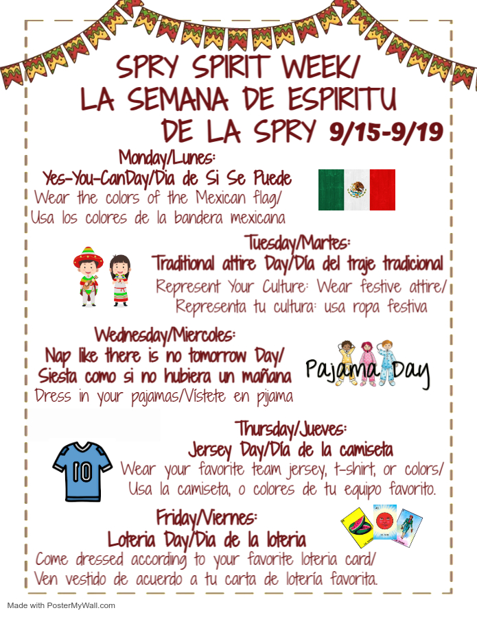 John Spry Community School (@cpsspry) on Twitter photo Get excited because Spirit Week is just around the corner! Check out the flyer for all the details happening next week!
¡Anímense porque la Semana del Espíritu está a la vuelta de la esquina! ¡Consulten el folleto para conocer todos los detalles de la próxima semana! Get excited because Spirit Week is just around the corner! Check out the flyer for all the details happening next week!
¡Anímense porque la Semana del Espíritu está a la vuelta de la esquina! ¡Consulten el folleto para conocer todos los detalles de la próxima semana!