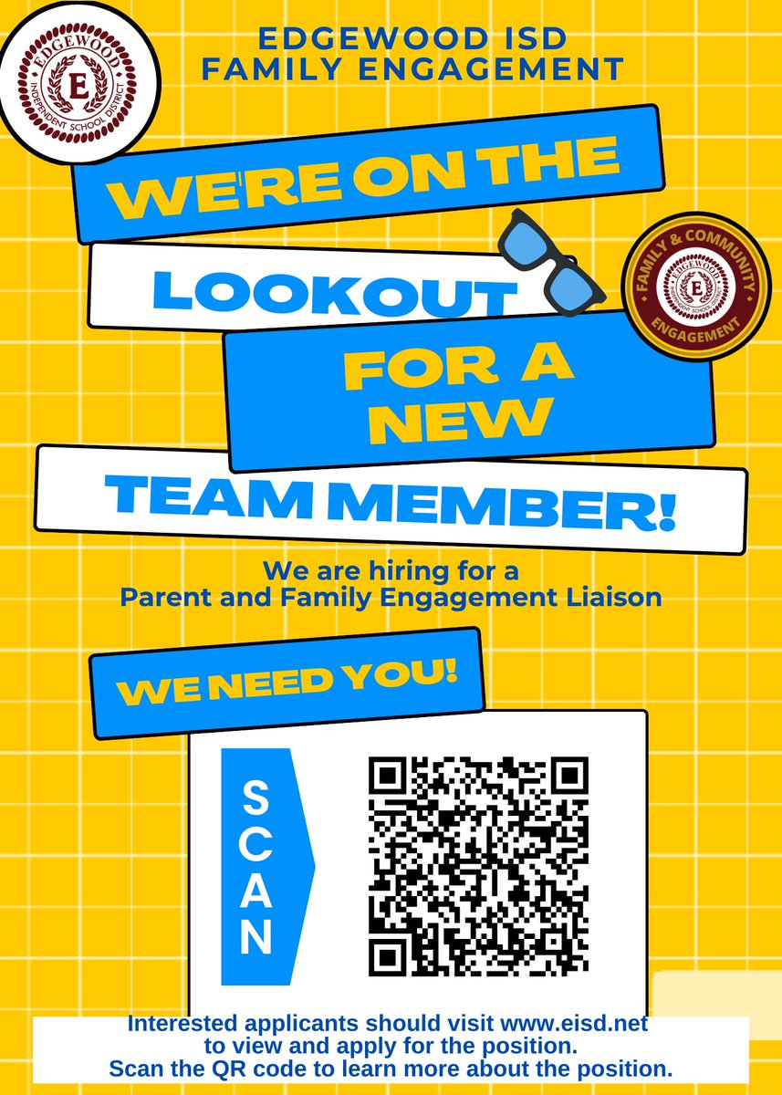 📣 We’re hiring! Join our team as a Parent &amp; Family Engagement Liaison 💙
Make a difference in our community by connecting families, building partnerships &amp; empowering student success.
📩 Info: george.garnica@eisd.net