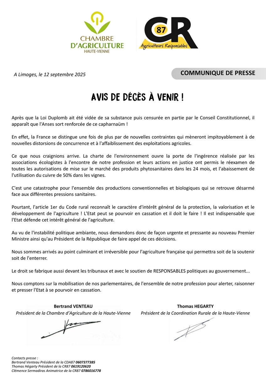 🟡⚫️ Communiqué de presse commun entre la Chambre d'Agriculture de la Haute-Vienne et la Coordination Rurale de la Haute-Vienne !

🔴 AVIS DE DECES A VENIR ! ⤵️