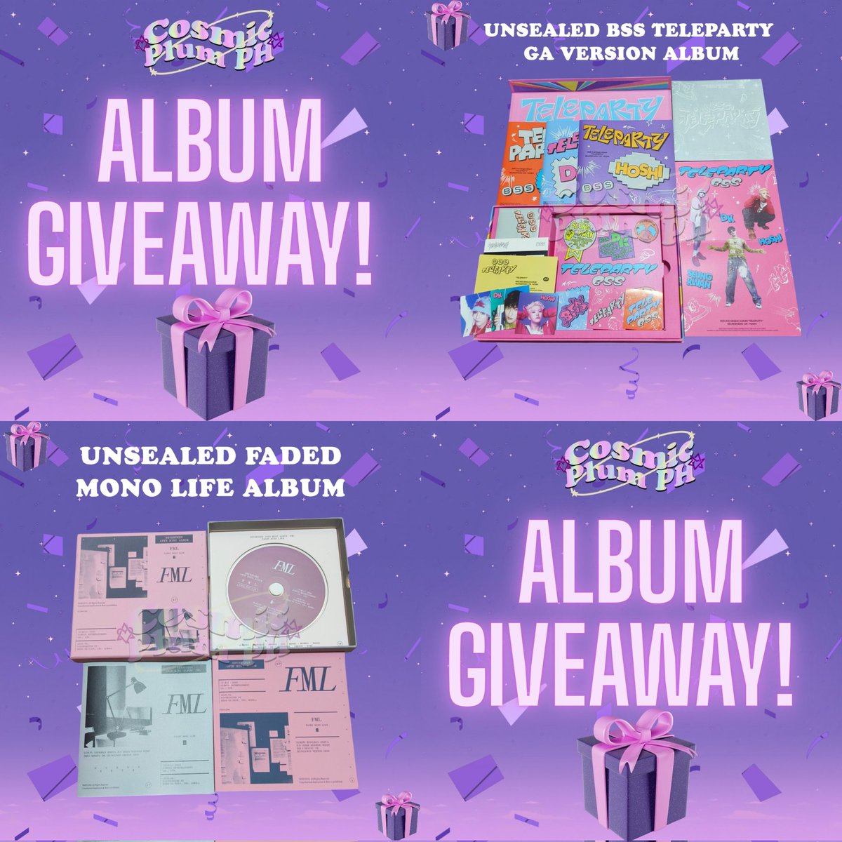 Cosmic Plum PH (APRIL 21 SHIPOUT ORDERS) (@cosmicplumph) on Twitter photo ✨HxW Send-Off Event Giveaway by CMPPH✨
1 winner of FML Album &
1 winner of BSS Teleparty Album
•Follow us on any socmed
FB:Cosmic Plum PH(Real Account)
Tiktok:@cosmicplumph2nd
•Like & RT
#UntilTheNextStage #FanNightsAtAMManilaBay
<a href="/HorangdansPH/">Horangdans Philippines</a> <a href="/WooziPH/">WOOZI PHILIPPINES</a> <a href="/KwonHoshi_ph/">Kwon Hoshi PH ఇ ◝‿◜ ఇ</a> ✨HxW Send-Off Event Giveaway by CMPPH✨
1 winner of FML Album &
1 winner of BSS Teleparty Album
•Follow us on any socmed
FB:Cosmic Plum PH(Real Account)
Tiktok:@cosmicplumph2nd
•Like & RT
#UntilTheNextStage #FanNightsAtAMManilaBay
<a href="/HorangdansPH/">Horangdans Philippines</a> <a href="/WooziPH/">WOOZI PHILIPPINES</a> <a href="/KwonHoshi_ph/">Kwon Hoshi PH ఇ ◝‿◜ ఇ</a>