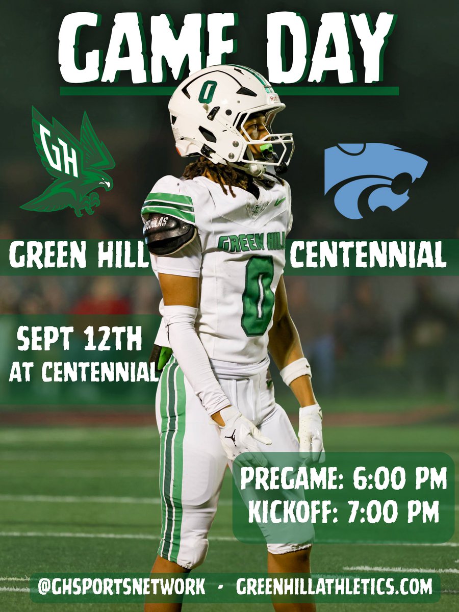 Here's information about tonight's <a href="/GreenHill_Hawks/">Green Hill Football</a> broadcast:

📍Centennial High School
🆚Centennial Cougars
🎙️Christian Kaposy, Chase Owens and Brady Ray
⏰Pregame - 6 PM/Kickoff - 7 PM
🔗webca.st/267029
📻87.7 FM (in-stadium only)