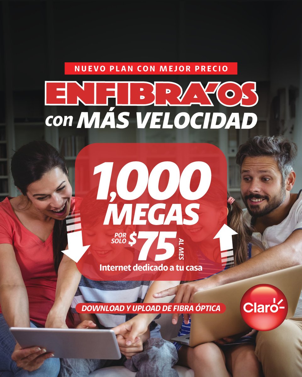 Claro Puerto Rico (@clarotodo) on Twitter photo ¡Nuevo plan, Mejor Precio! 🚀 Por solo $75 al mes recibes 1,000 MEGAS de download/upload de puro poder en Internet dedicado a tu casa 🔥 Conéctate con la Mejor Red Fija de PR 💥👉 Chequea aquí bit.ly/laredparacadat… 
Válido hasta 30/septiembre/2025. 
#Enfibraos #InternetClaro ¡Nuevo plan, Mejor Precio! 🚀 Por solo $75 al mes recibes 1,000 MEGAS de download/upload de puro poder en Internet dedicado a tu casa 🔥 Conéctate con la Mejor Red Fija de PR 💥👉 Chequea aquí bit.ly/laredparacadat… 
Válido hasta 30/septiembre/2025. 
#Enfibraos #InternetClaro