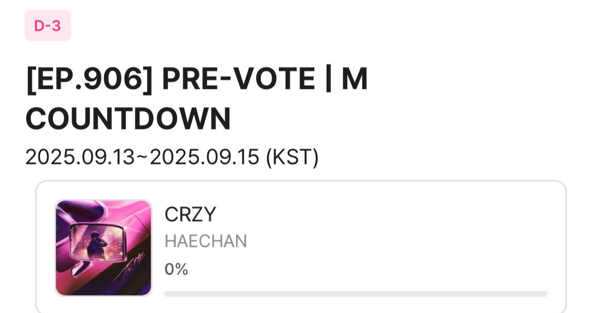 PRE-VOTE ➖ M COUNTDOWN

🗓️ OPEN NOW - 15/9 , 21.59 น.
📍Mnet Plus app : 5 Vote/Device/Day ตัดรอบทุกๆ 22.00
🎯 TOP1

 Mnet plus จำกัดโหวตต่อเครื่อง อย่าลืมชวนเพื่อนๆมาโหวตคุณแฮชานกันนะคะ เราจะมีโอกาสเข้าชิงหากโหวตได้ที่ 1 ค่ะ🐻

#โหวตแฮชาน #VoteForHaechan #HAECHAN #해찬 #ヘチャン