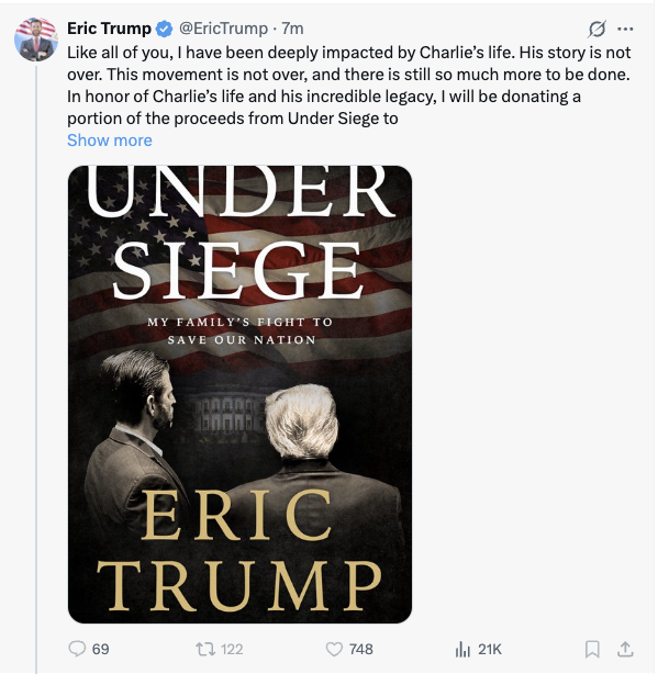 Bro using Charlie Kirk to sell his book... Damn... Trump's will use anything to make a buck.