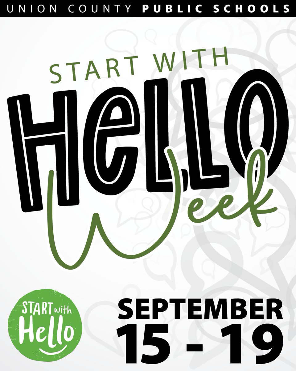 Union County Public Schools (@ucpsnc) on Twitter photo #StartWithHello Week is Sept. 15-19. This national call-to-action week is dedicated to making new social connections and creating a sense of belonging among youth. <a href="/AGHoulihan/">Andrew G. Houlihan</a> #StartWithHello Week is Sept. 15-19. This national call-to-action week is dedicated to making new social connections and creating a sense of belonging among youth. <a href="/AGHoulihan/">Andrew G. Houlihan</a>