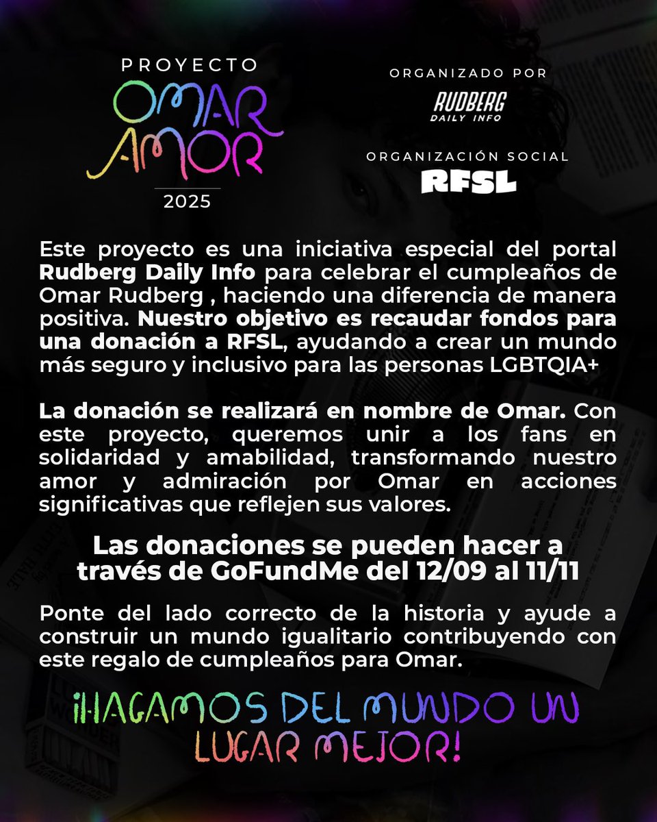 Another year = Another charity project! With two months until Omar Rudberg’s birthday, we are so excited to announce that the Omar Amor Project is back as this year’s birthday gift! 🌈💜

Check out the text below to learn how you can participate!

🔗: gofundme.com/f/omar-amor