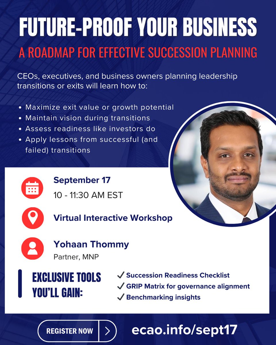 Future-Proof Your Business: A Roadmap for Effective Succession Planning 🔌
Is your company ready for the next chapter?

Join our exclusive webinar on succession planning:
 📅 September 17, 2025
 🕙 10:00 AM – 11:30 AM EST
🔗 Register Here: ecao.info/sept17