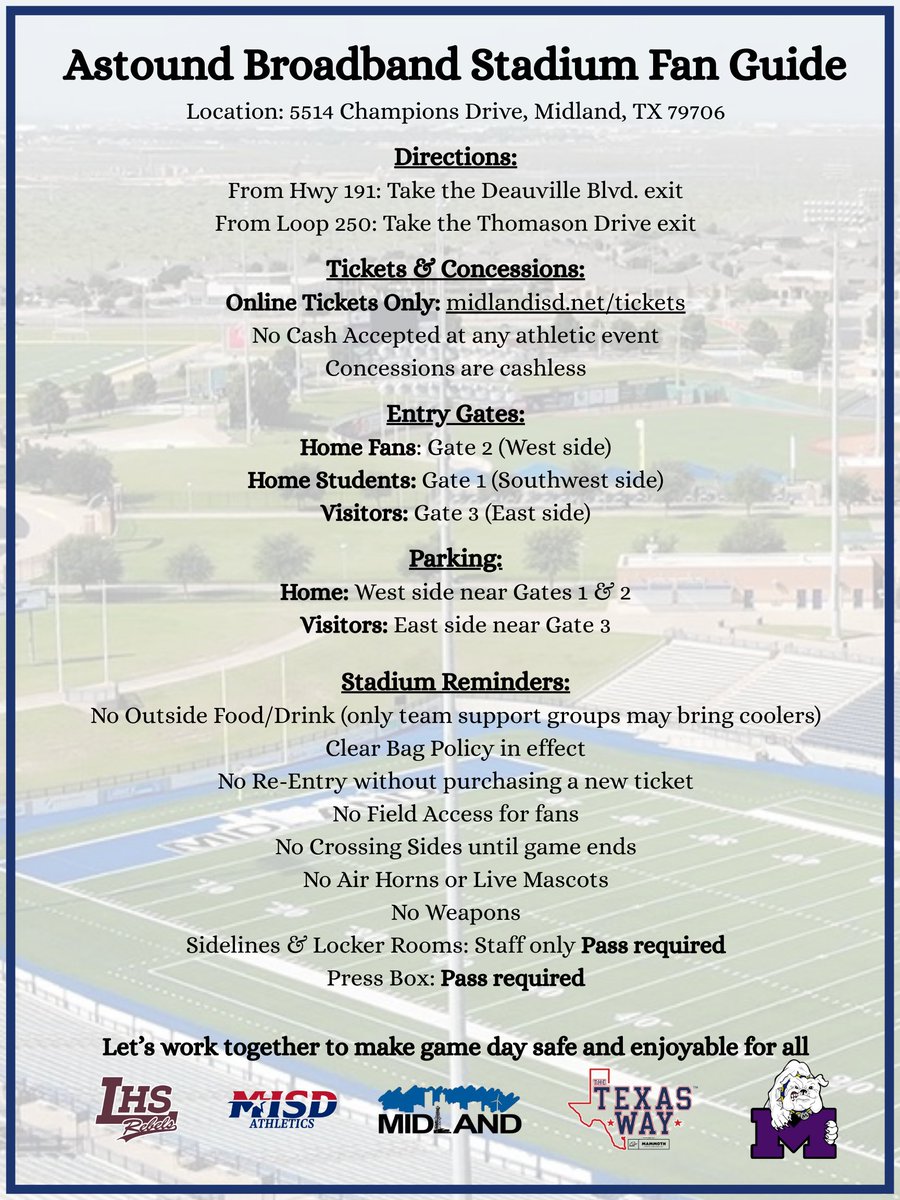 🏈 It’s MHS Homecoming Night at Astound! 🏈

<a href="/midlandhighfb/">Midland High Football</a> hosts <a href="/sandiefootball/">Amarillo Golden Sandstorm Football</a> 

Be prepared and review the Astound Broadband Stadium Fan Guide before you head out!

<a href="/Midland_ISD/">Midland ISD</a> 
<a href="/MidlandHigh_MHS/">Midland High School</a> 
<a href="/Wesley_A_Torres/">Wes Torres</a>
<a href="/amlopez4/">Amanda Lopez</a>
<a href="/a_acosta_jr/">Alfred Acosta Jr</a>
<a href="/DrSDHoward/">Dr. Stephanie Howard</a>