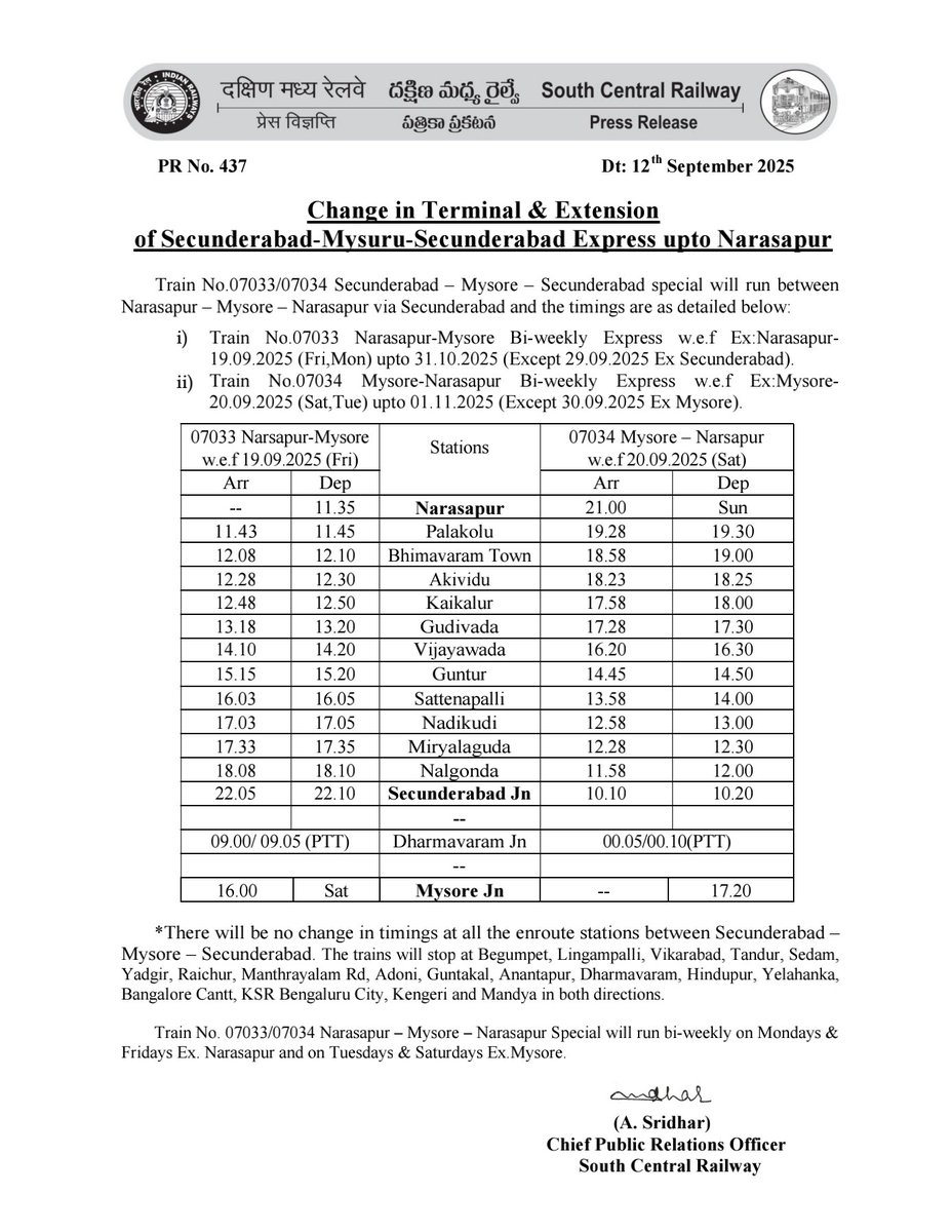 "Change in Terminal &amp; Extension of #Secunderabad-#Mysuru-#Secunderabad Express upto #Narasapur"
