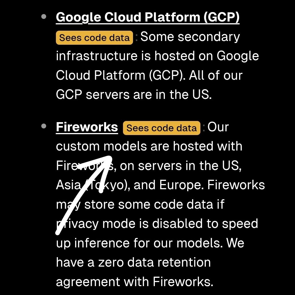 Krishna Kaasyap (@krishnakaasyap) on Twitter photo Since this is a custom model/system, the infra credit should go to <a href="/FireworksAI_HQ/">Fireworks AI</a>
Great job <a href="/lqiao/">Lin Qiao</a>, <a href="/dzhulgakov/">Dmytro Dzhulgakov</a>, <a href="/the_bunny_chen/">Benny (Yufei) Chen</a>, and team!
cursor.com/security Since this is a custom model/system, the infra credit should go to <a href="/FireworksAI_HQ/">Fireworks AI</a>
Great job <a href="/lqiao/">Lin Qiao</a>, <a href="/dzhulgakov/">Dmytro Dzhulgakov</a>, <a href="/the_bunny_chen/">Benny (Yufei) Chen</a>, and team!
cursor.com/security