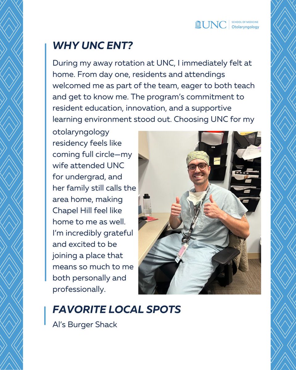 UNC_ENT's tweet image. 👋 Meet A.J. Meadows, MD Class of 2030!
Scroll through to learn about him and why he chose UNC ENT!
#UNCENT #Otolaryngology #MeetTheInterns #UNCMed #FutureENT