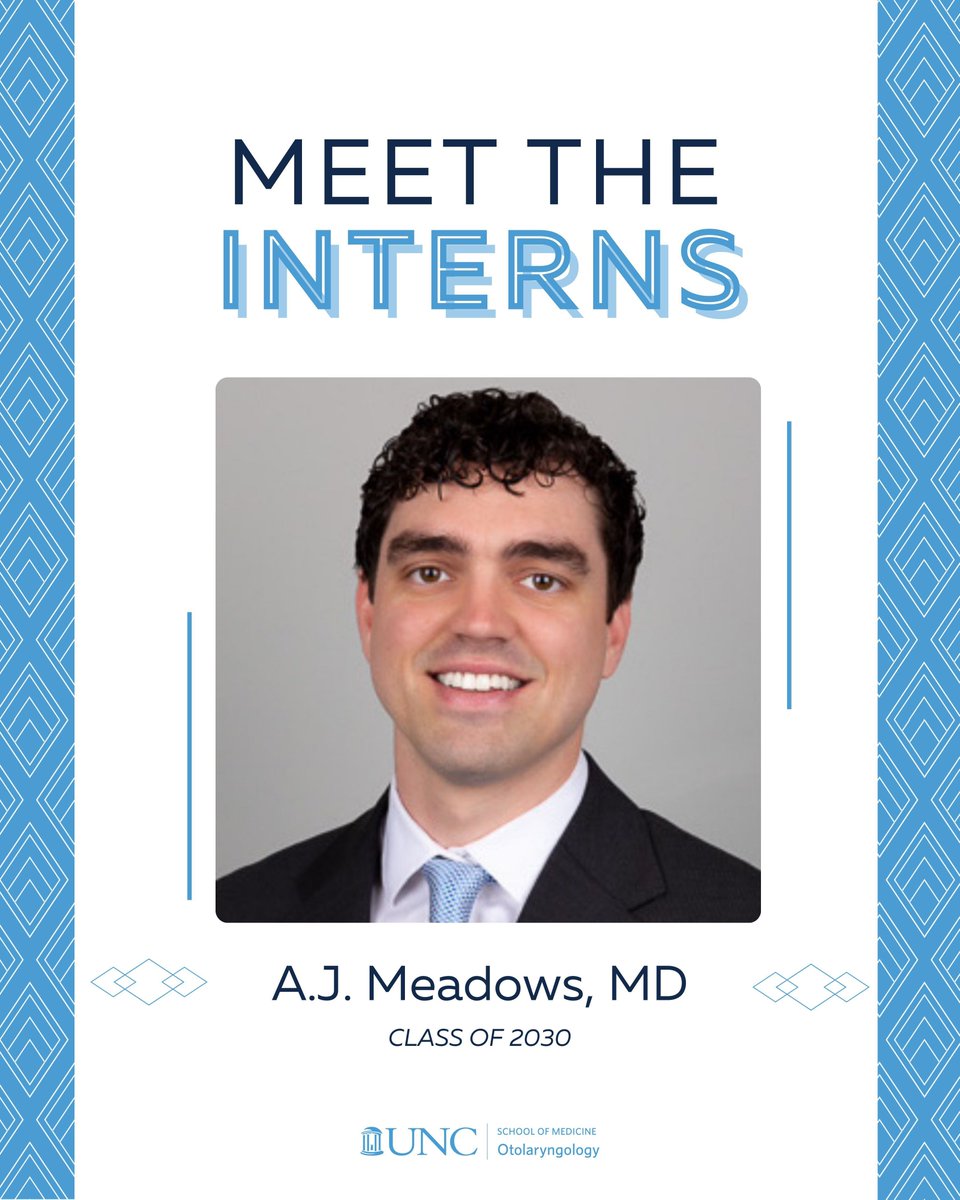 UNC_ENT's tweet image. 👋 Meet A.J. Meadows, MD Class of 2030!
Scroll through to learn about him and why he chose UNC ENT!
#UNCENT #Otolaryngology #MeetTheInterns #UNCMed #FutureENT