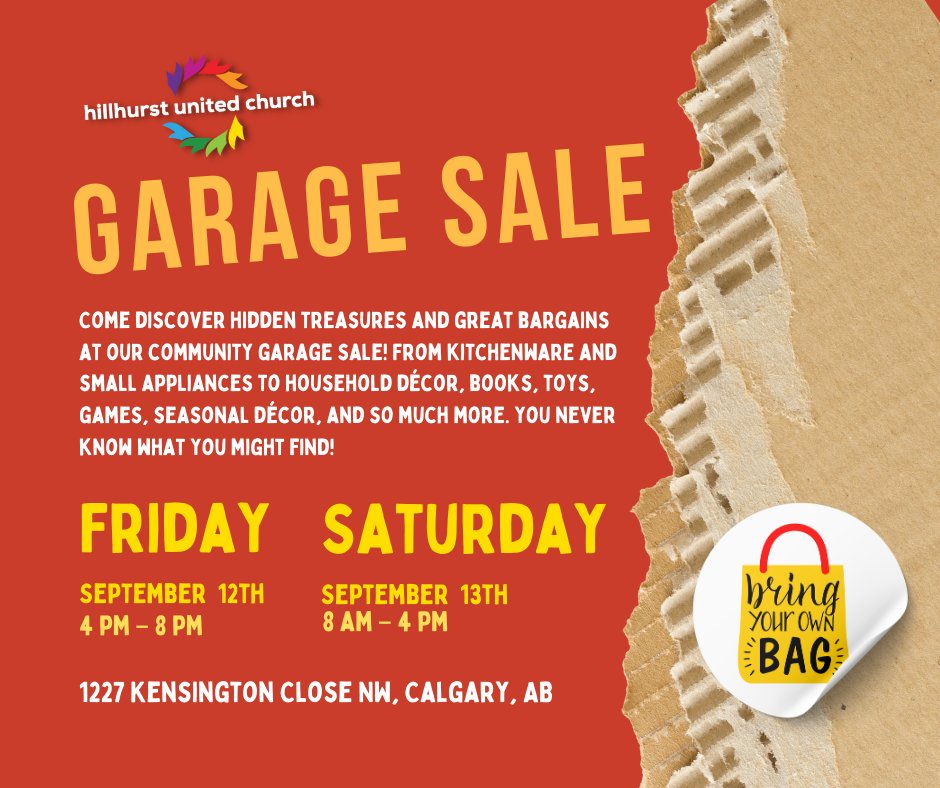 Huge Garage Sale at Hillhurst United Church! 

Kitchenware, décor, books, toys, games, seasonal items &amp; more. treasures for everyone.

📍 1227 Kensington Close NW, Calgary
🗓️ Sept 12 (4–8 pm) &amp; Sept 13 (8 am–4 pm)
<a href="/cmcalgary/">cm</a> <a href="/CBCCalgary/">CBC Calgary</a>  #hugegaragesale #hillhurstunited