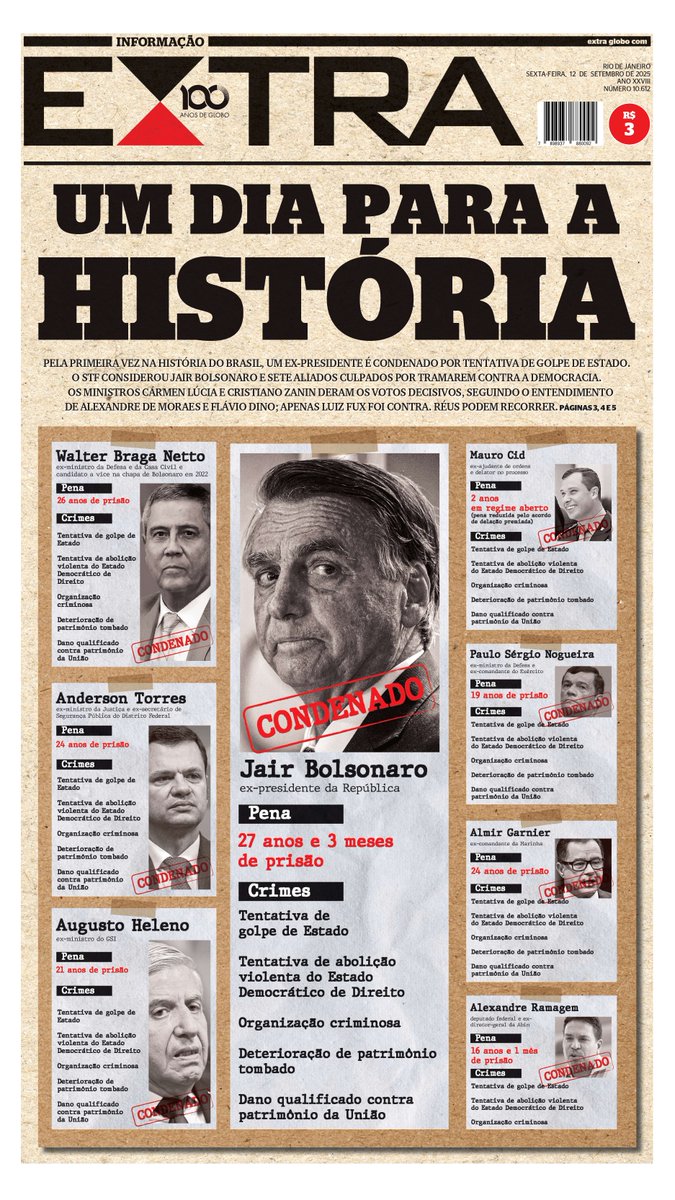 jornalextra's tweet image. Bom dia! Esta é a capa do #jornalextra desta sexta-feira, 12 de setembro de 2025. Para ler as notícias, acesse nossas redes sociais ou o site extra.globo.com.