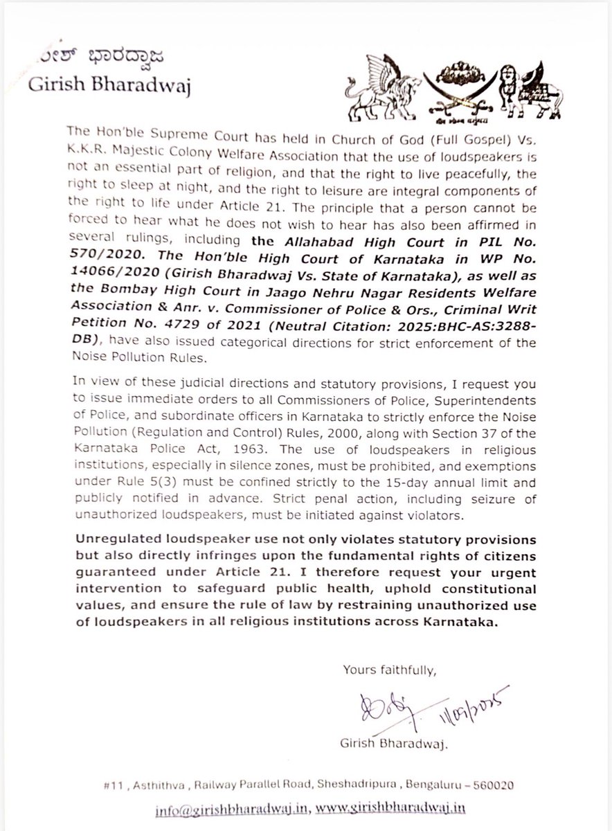 Girishbdwj's tweet photo. I welcome the stand of the DG & IGP Karnataka in banning DJs and music systems by citing the Noise Pollution Rules, 2000 and the guidelines of the Hon’ble Supreme Court. 
I have written to the DG & IGP Karnataka urging that the same Noise Pollution Rules be enforced to remove all illegal loudspeakers from “EVERY” religious institution without delay, in strict compliance with the directions of the Apex Court.