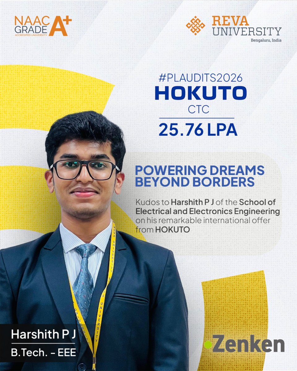 REVAUniversity's tweet photo. Congratulations to Harshith P J, https://t.co/oGpdKjpcvv. – EEE, from the School of Electrical and Electronics Engineering for securing a remarkable international offer of 25.76 LPA from HOKUTO.
Your success inspires every REVAite to aim higher and dream bigger!
#REVAUniversity #EducateToEnterprise #Plaudits2026 #GlobalCareers #StudentSuccess